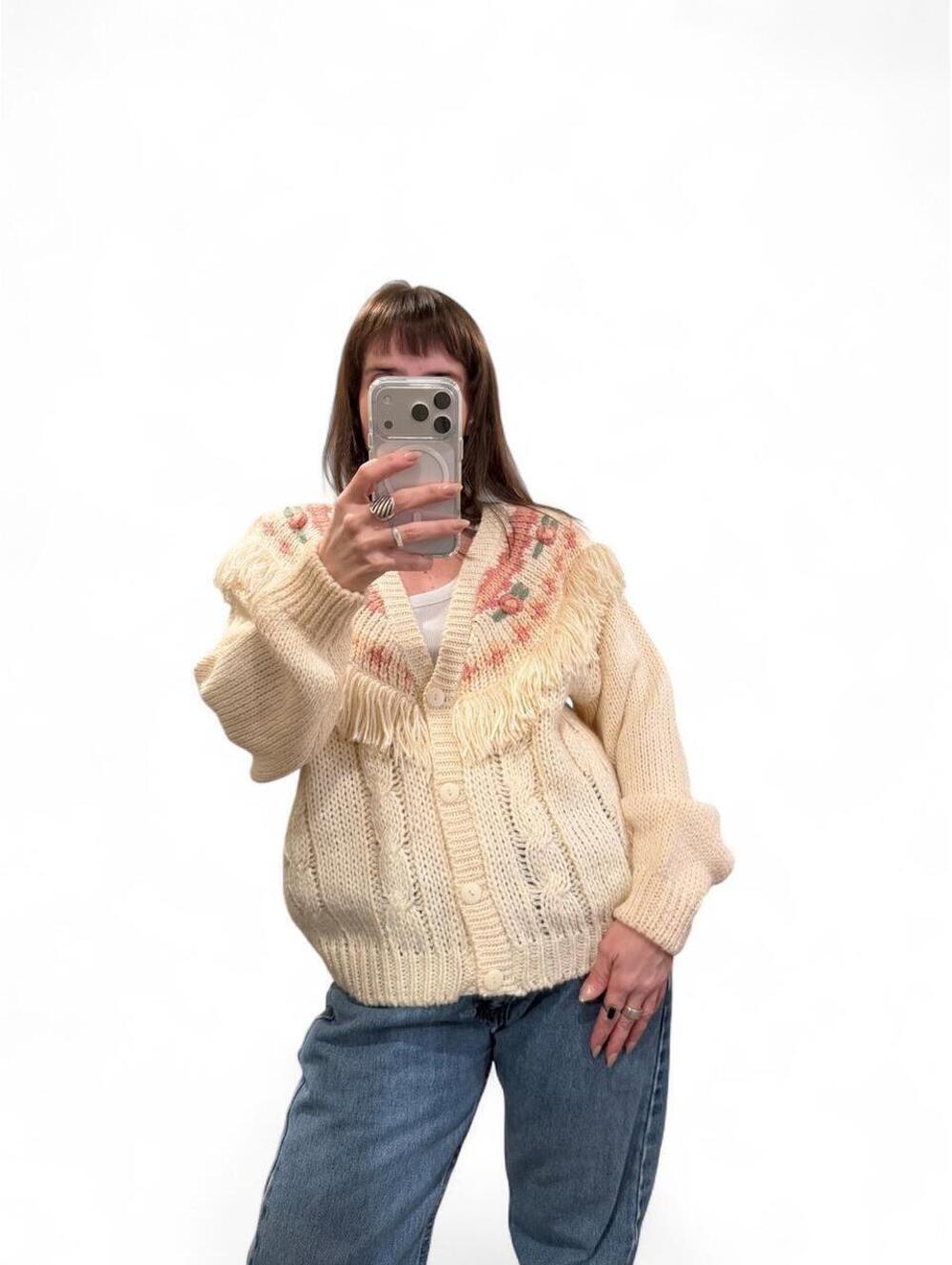 Vintage 80s Hand Knit Floral Fringe Cardigan